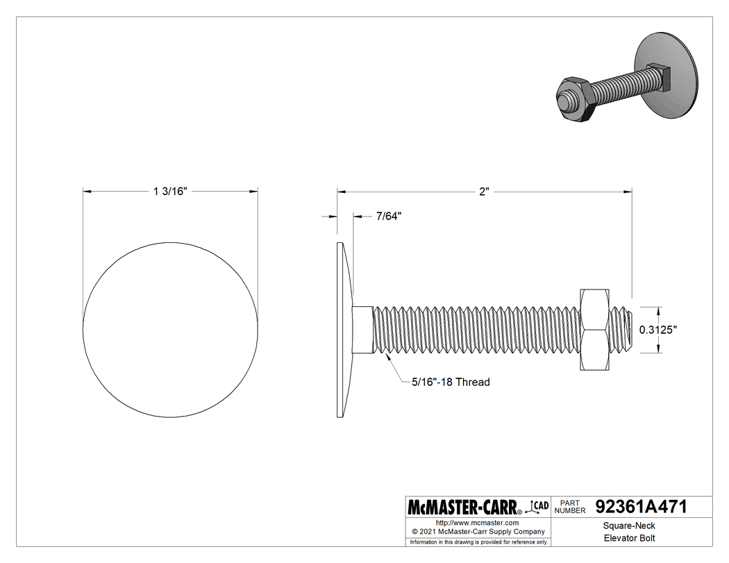 Technical Drawing of Square-Neck Elevator Bolt, 18-8 Stainless Steel, 5/16"-18 Thread Size, 2" Long.